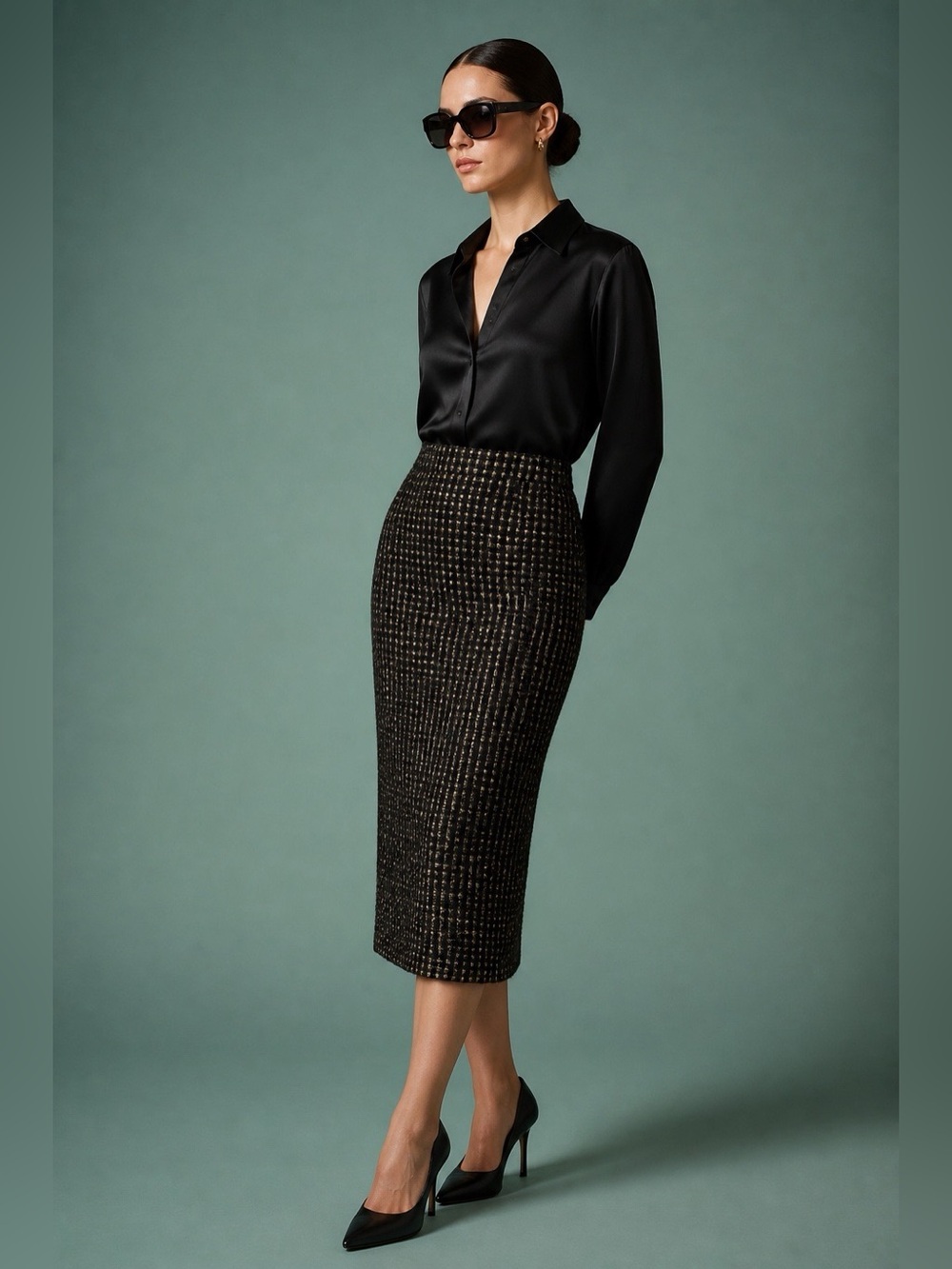 Caroline Charles London Black/Gold/Red Tweed Pencil Skirt Made England Size 8